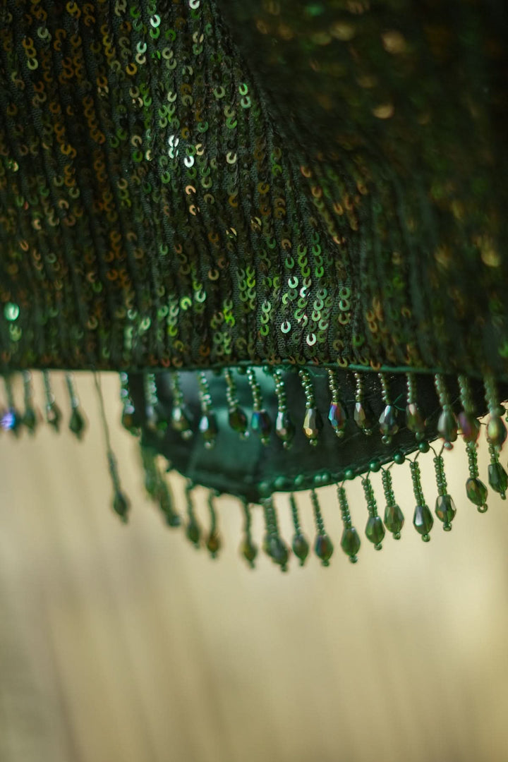 Sequin Sweetheart neck Blouse with crystal beads detailing in Bottle Green