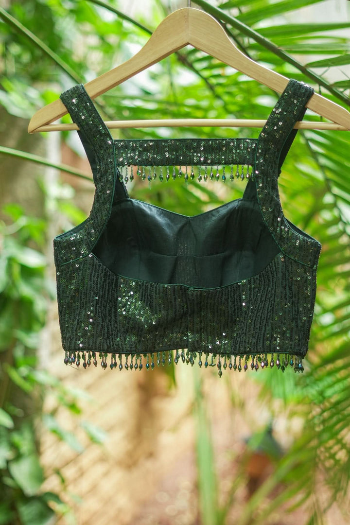 Sequin Sweetheart neck Blouse with crystal beads detailing in Bottle Green