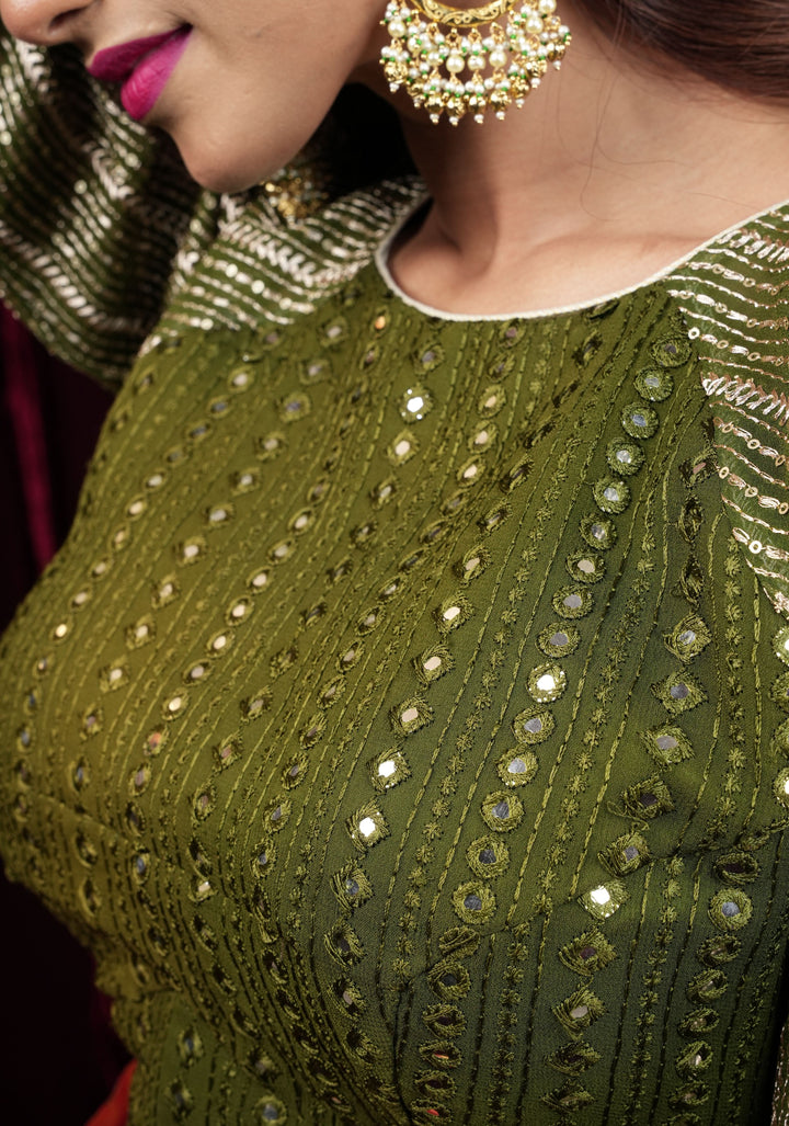 Henna Green chinon raglan three quarter sleeve foil mirror work blouse,  Made to Order