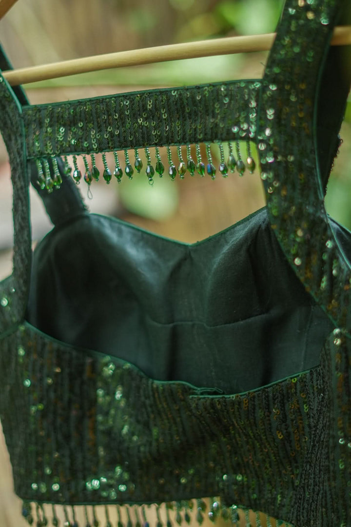 Sequin Sweetheart neck Blouse with crystal beads detailing in Bottle Green
