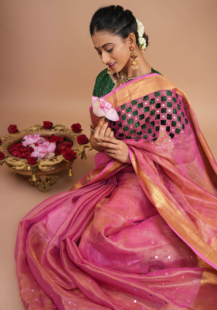 Cutwork and Mirror Work Tissue Linen Saree in Pink with pretty tassels