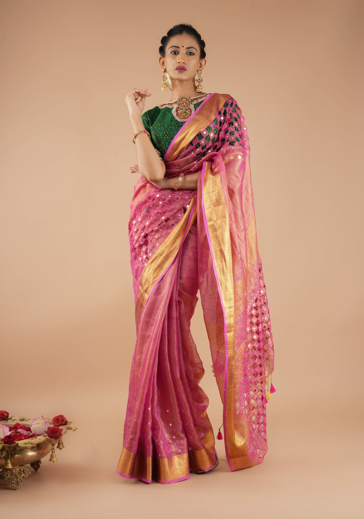 Cutwork and Mirror Work Tissue Linen Saree in Pink with pretty tassels