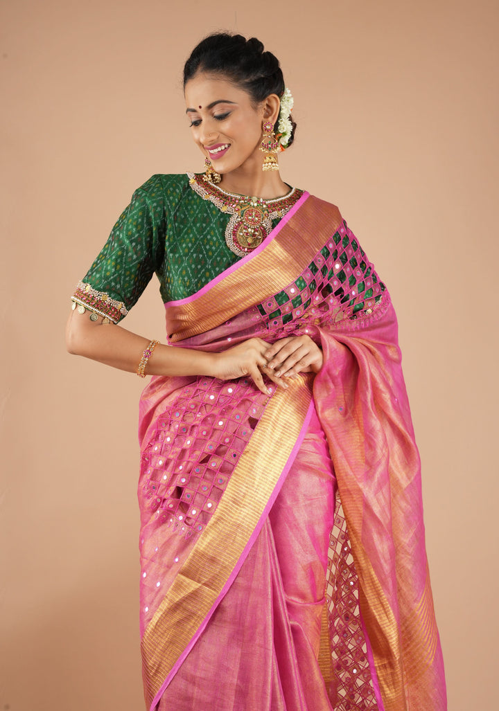 Cutwork and Mirror Work Tissue Linen Saree in Pink with pretty tassels