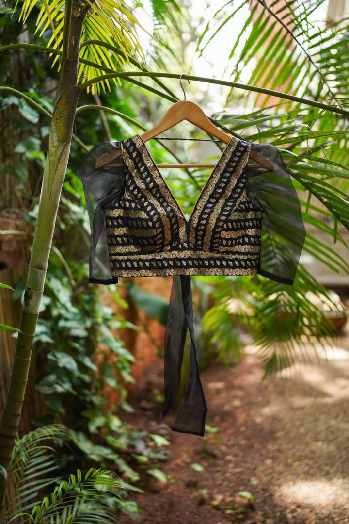 Black Brocade Blouse with Organza Puff Sleeves  Mix and Match Blouse for saree, Made to Order