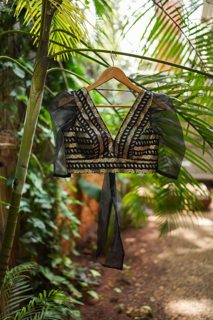 Black Brocade Blouse with Organza Puff Sleeves  Mix and Match Blouse for saree, Made to Order