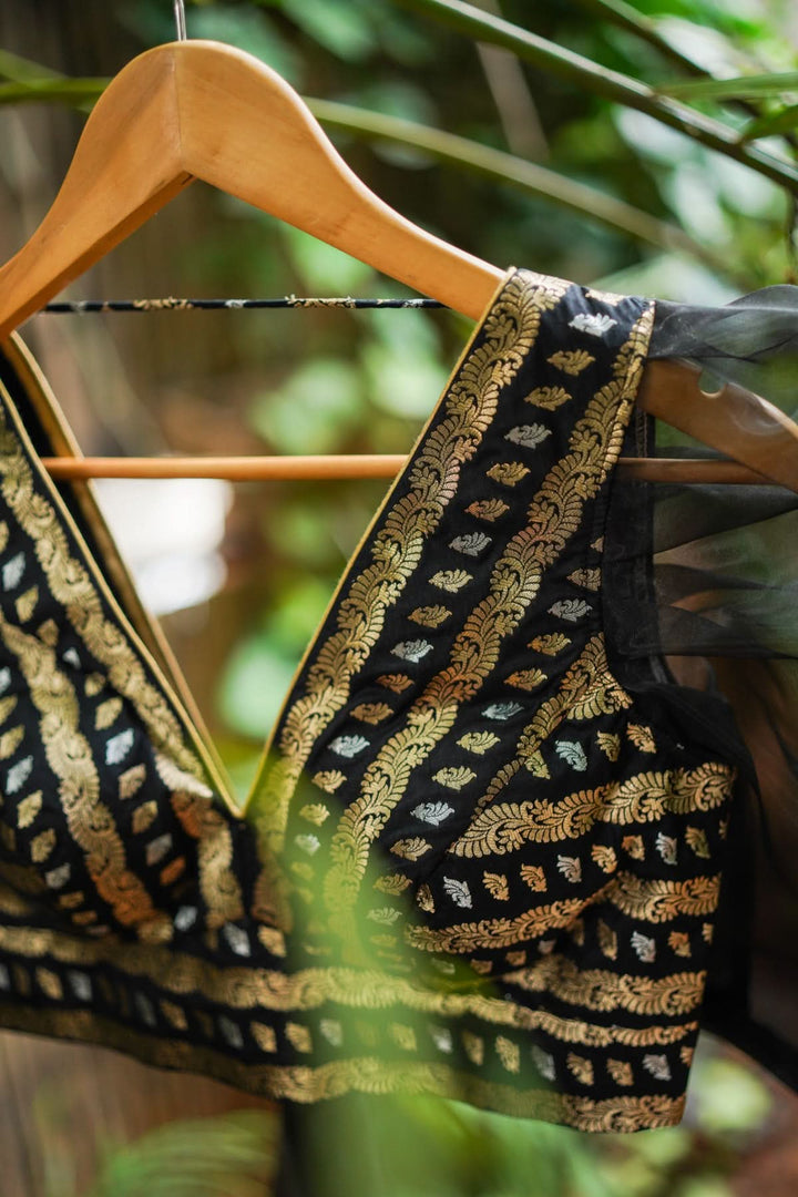 Black Brocade Blouse with Organza Puff Sleeves  Mix and Match Blouse for saree, Made to Order