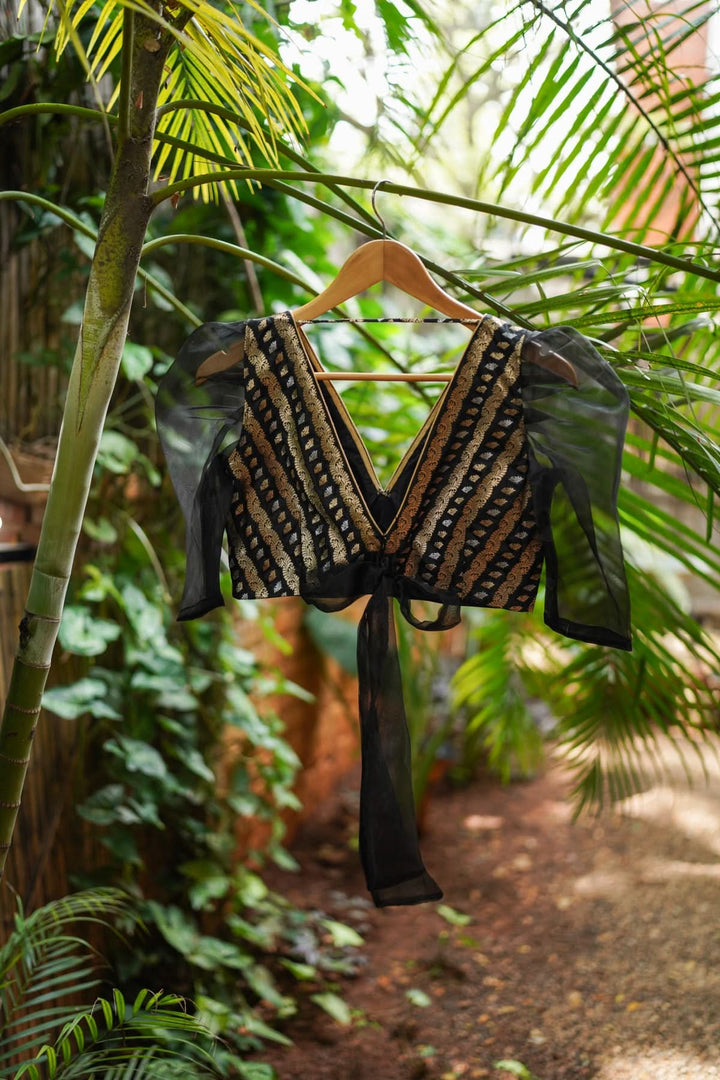 Black Brocade Blouse with Organza Puff Sleeves  Mix and Match Blouse for saree, Made to Order