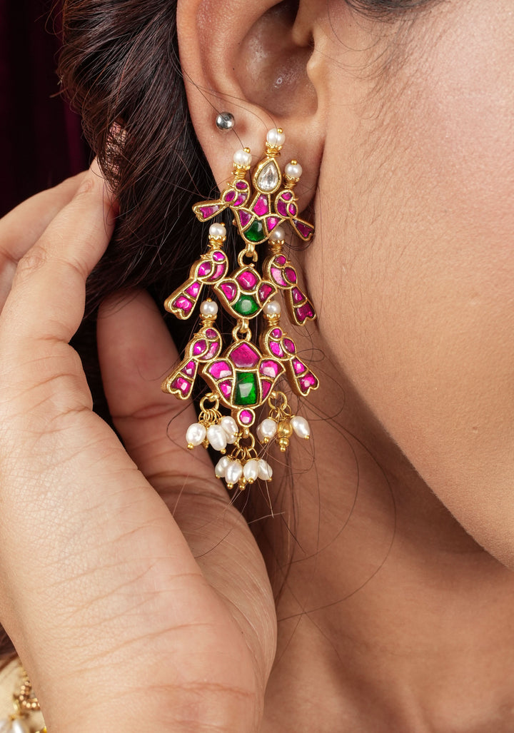 2.75" Layered Pink & Green Stone Peacock Earrings with Dangling White Beads | Shobitam Jewelry