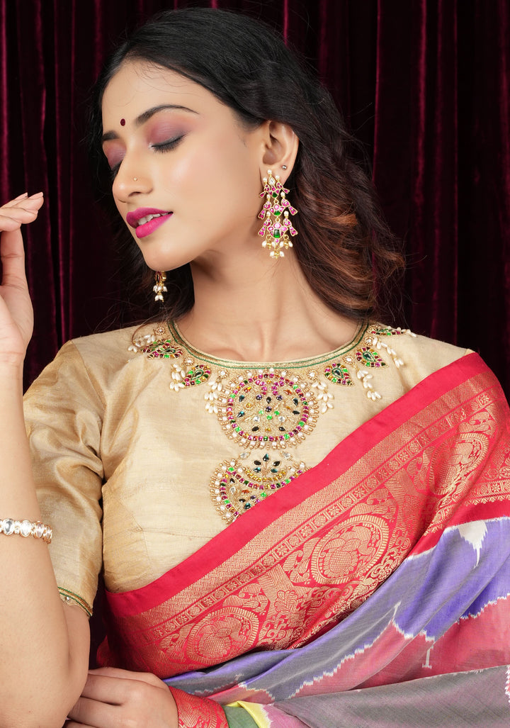 2.75" Layered Pink & Green Stone Peacock Earrings with Dangling White Beads | Shobitam Jewelry