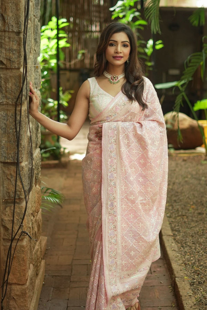 Beautiful Machine embroidery and Sequin on Dusty Pink Georgette