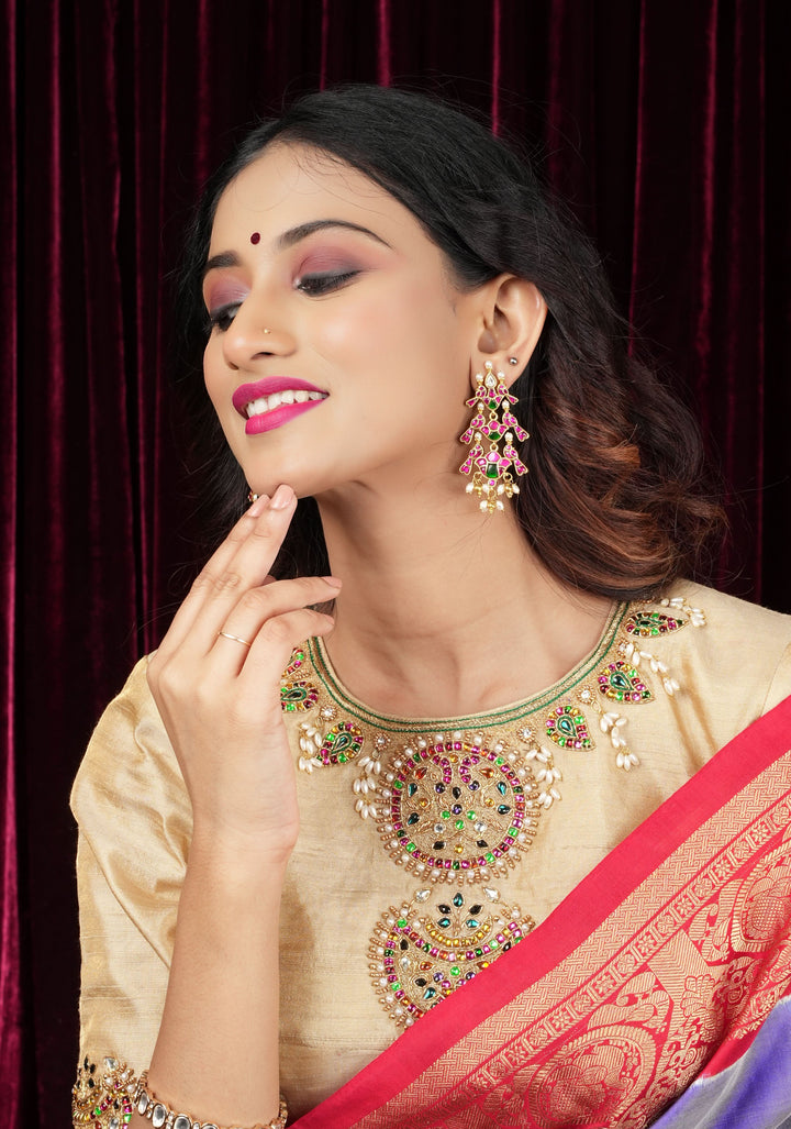 2.75" Layered Pink & Green Stone Peacock Earrings with Dangling White Beads | Shobitam Jewelry