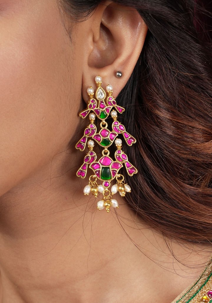 2.75" Layered Pink & Green Stone Peacock Earrings with Dangling White Beads | Shobitam Jewelry