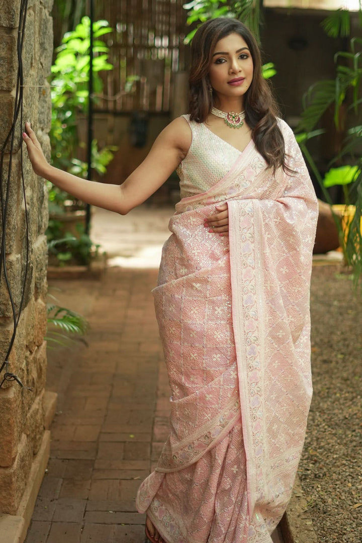 Beautiful Machine embroidery and Sequin on Dusty Pink Georgette