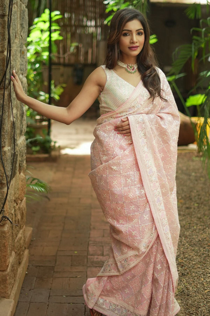 Beautiful Machine embroidery and Sequin on Dusty Pink Georgette