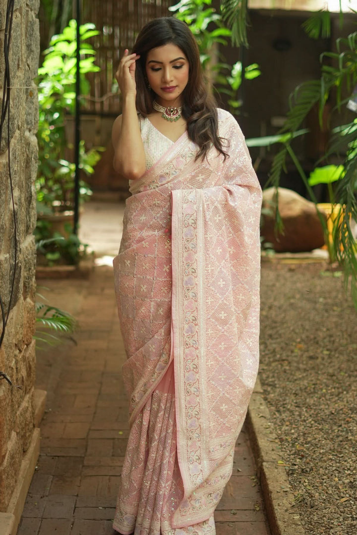 Beautiful Machine embroidery and Sequin on Dusty Pink Georgette