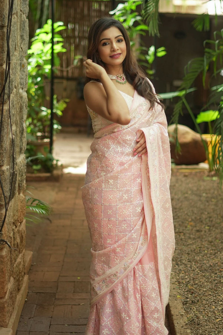 Beautiful Machine embroidery and Sequin on Dusty Pink Georgette