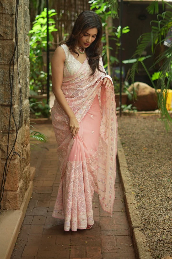 Beautiful Machine embroidery and Sequin on Dusty Pink Georgette