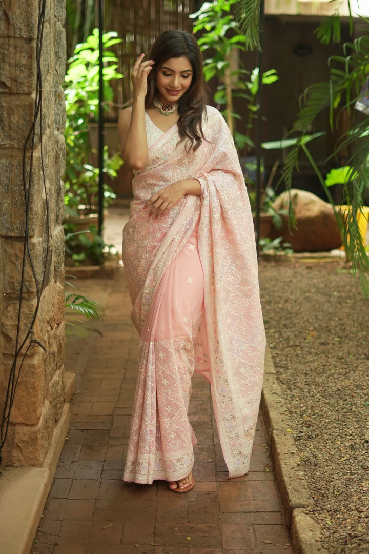 Beautiful Machine embroidery and Sequin on Dusty Pink Georgette