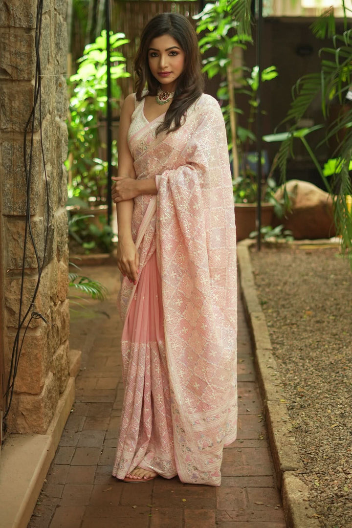 Beautiful Machine embroidery and Sequin on Dusty Pink Georgette