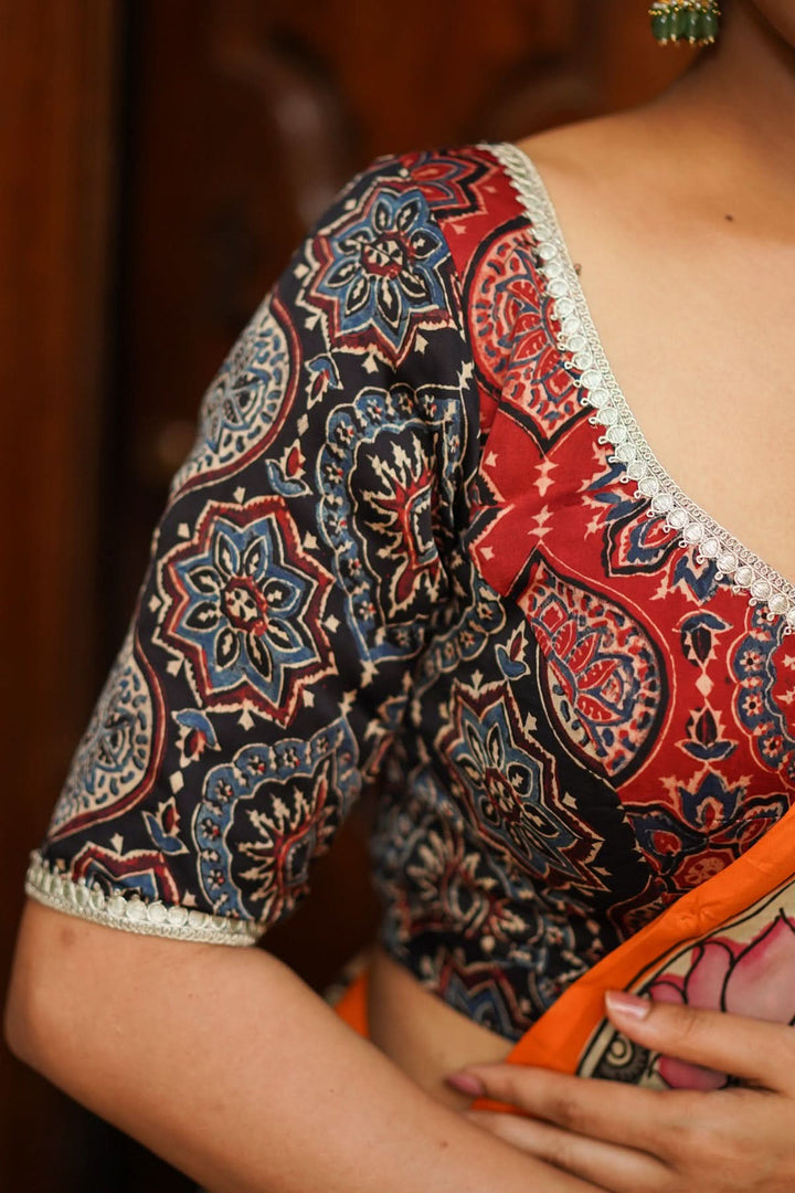 Black and Red Ajrakh Modal Silk Blouse with gota detailing  Mix and Match Blouse for saree, Made to Order