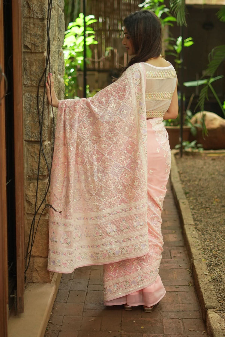 Beautiful Machine embroidery and Sequin on Dusty Pink Georgette