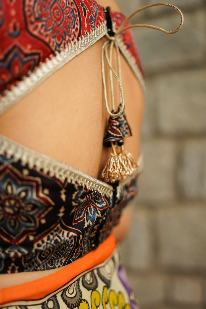 Black and Red Ajrakh Modal Silk Blouse with gota detailing  Mix and Match Blouse for saree, Made to Order