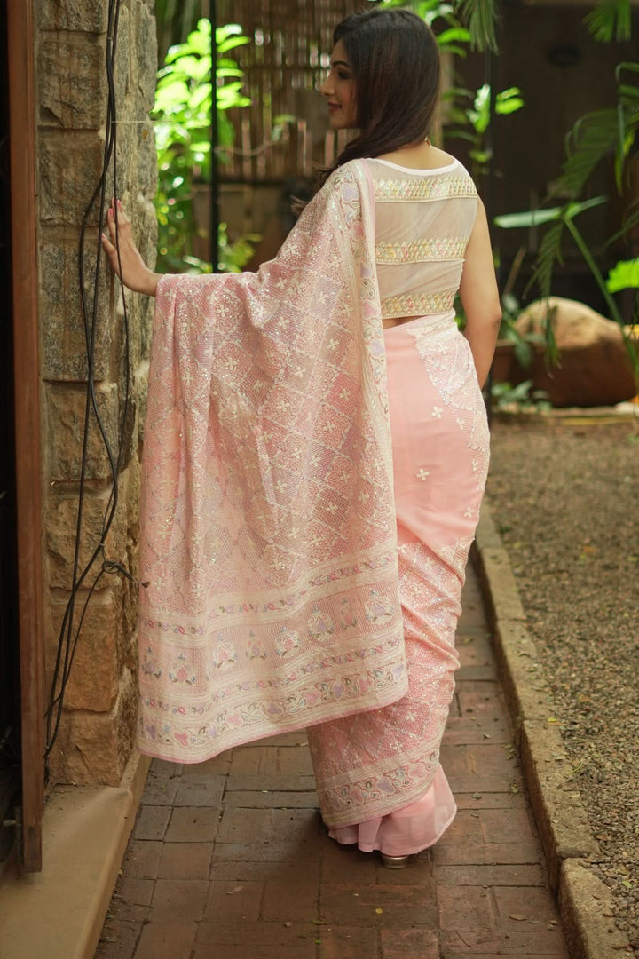 Beautiful Machine embroidery and Sequin on Dusty Pink Georgette