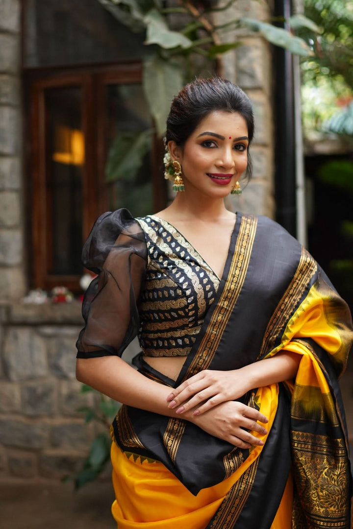 Black Brocade Blouse with Organza Puff Sleeves  Mix and Match Blouse for saree, Made to Order