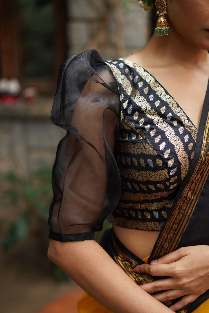 Black Brocade Blouse with Organza Puff Sleeves  Mix and Match Blouse for saree, Made to Order