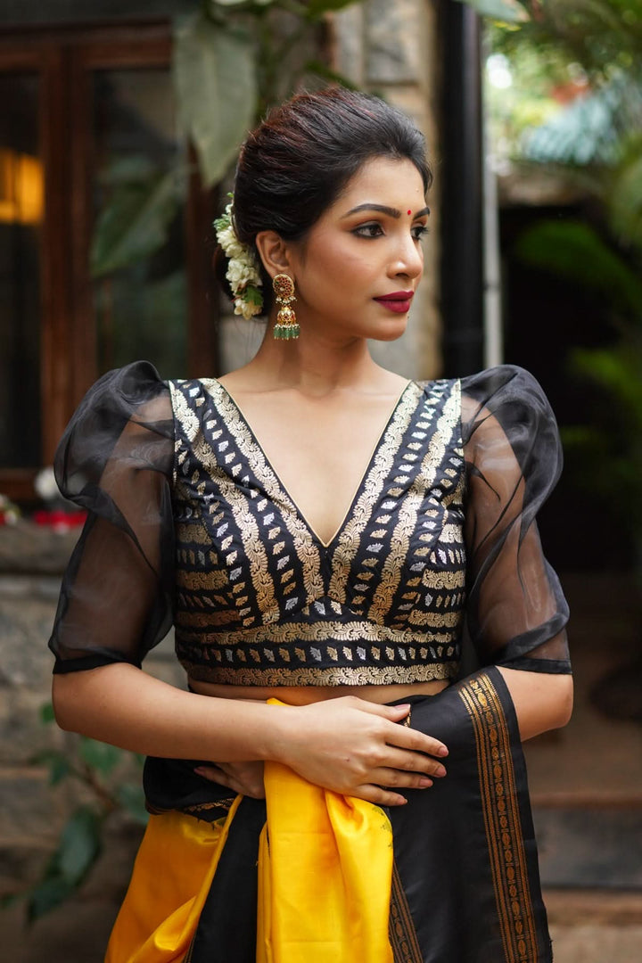 Black Brocade Blouse with Organza Puff Sleeves  Mix and Match Blouse for saree, Made to Order