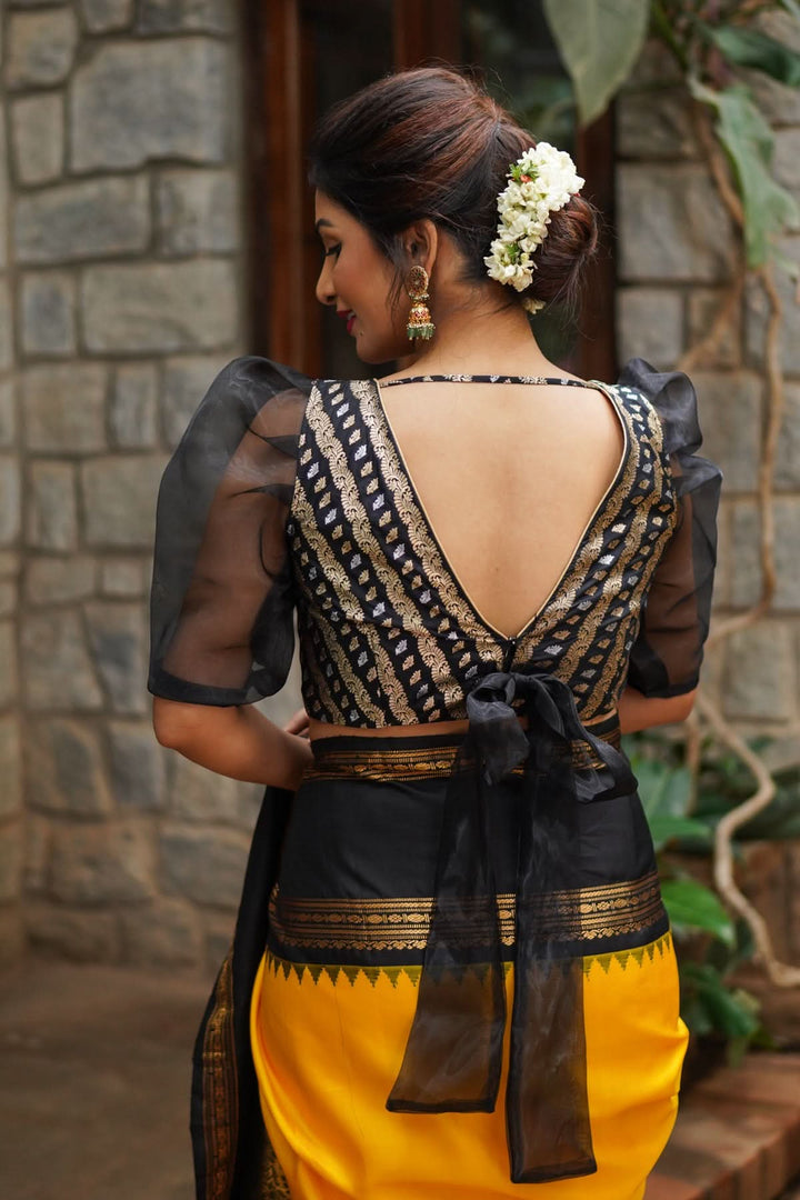 Black Brocade Blouse with Organza Puff Sleeves  Mix and Match Blouse for saree, Made to Order