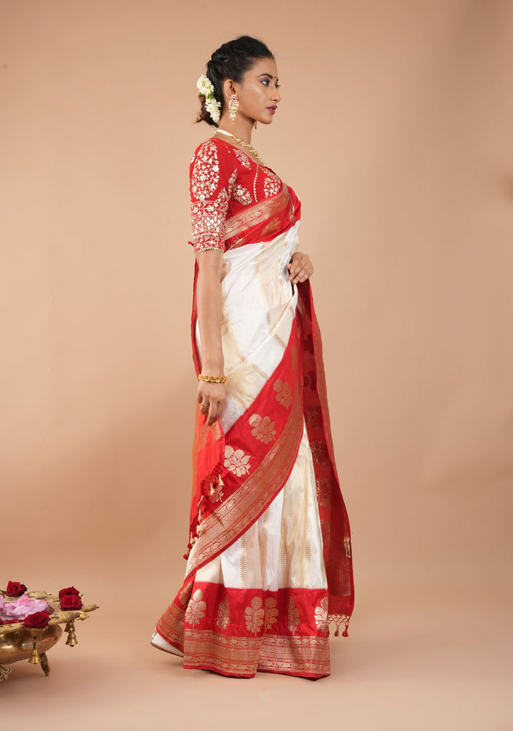 Unique Design White Dual tone Jharoka Pattern Pure Katan Silk saree with Contrast Zari borders | SILK MARK CERTIFIED