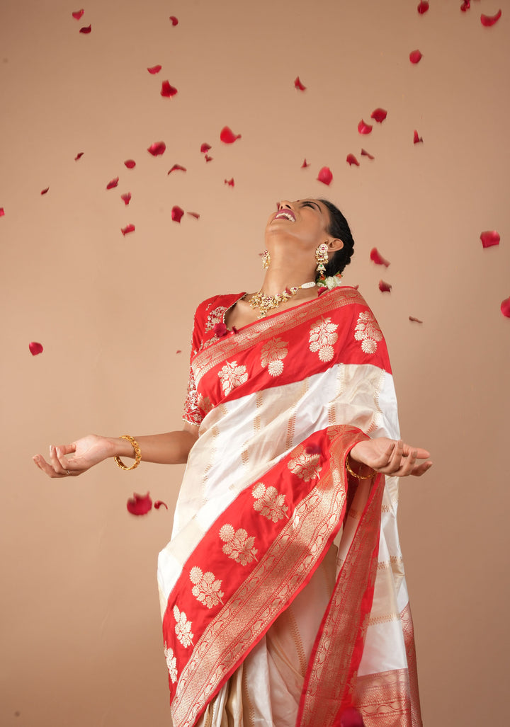 Unique Design White Dual tone Jharoka Pattern Pure Katan Silk saree with Contrast Zari borders | SILK MARK CERTIFIED