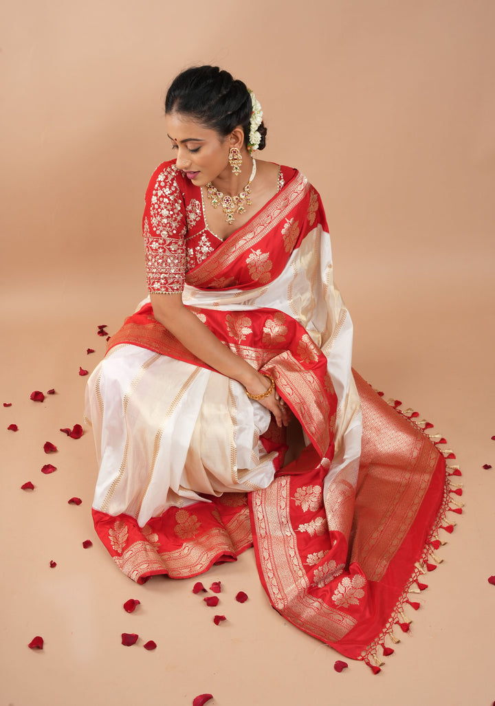 Unique Design White Dual tone Jharoka Pattern Pure Katan Silk saree with Contrast Zari borders | SILK MARK CERTIFIED