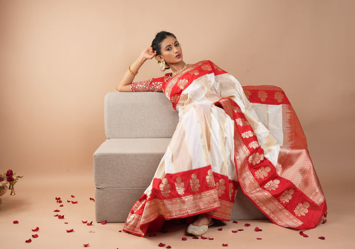 Unique Design White Dual tone Jharoka Pattern Pure Katan Silk saree with Contrast Zari borders | SILK MARK CERTIFIED