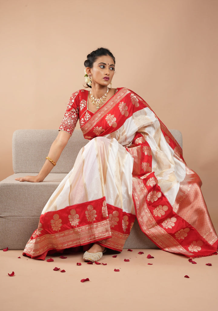 Unique Design White Dual tone Jharoka Pattern Pure Katan Silk saree with Contrast Zari borders | SILK MARK CERTIFIED