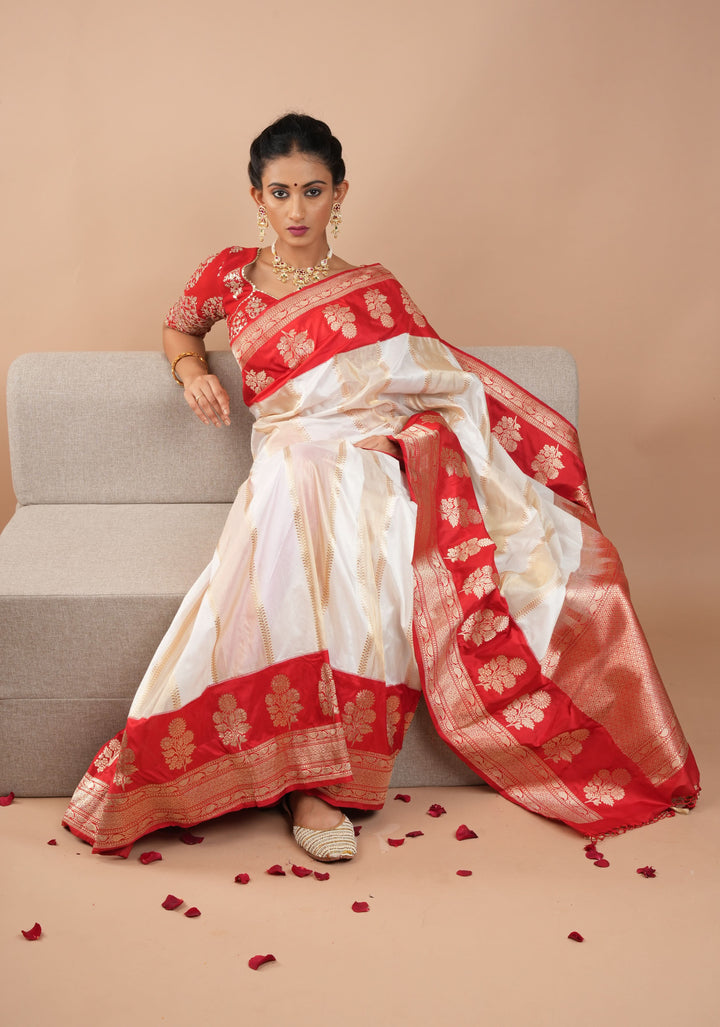 Unique Design White Dual tone Jharoka Pattern Pure Katan Silk saree with Contrast Zari borders | SILK MARK CERTIFIED