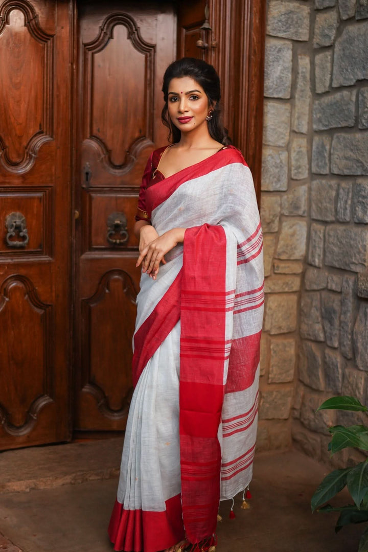 Off White and Red Linen by Linen Saree with thread Buttas