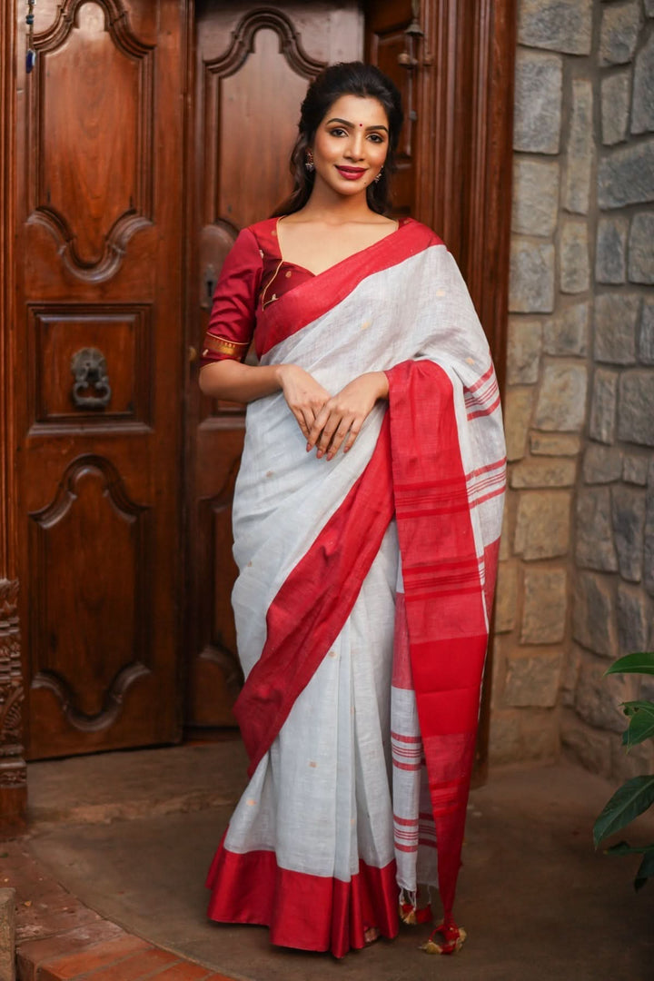 Off White and Red Linen by Linen Saree with thread Buttas