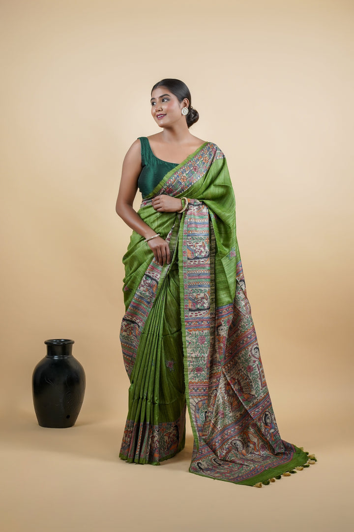 Grass Green Ghicha Silk Saree with Madhubani HandPainting | SILK MARK CERTIFIED