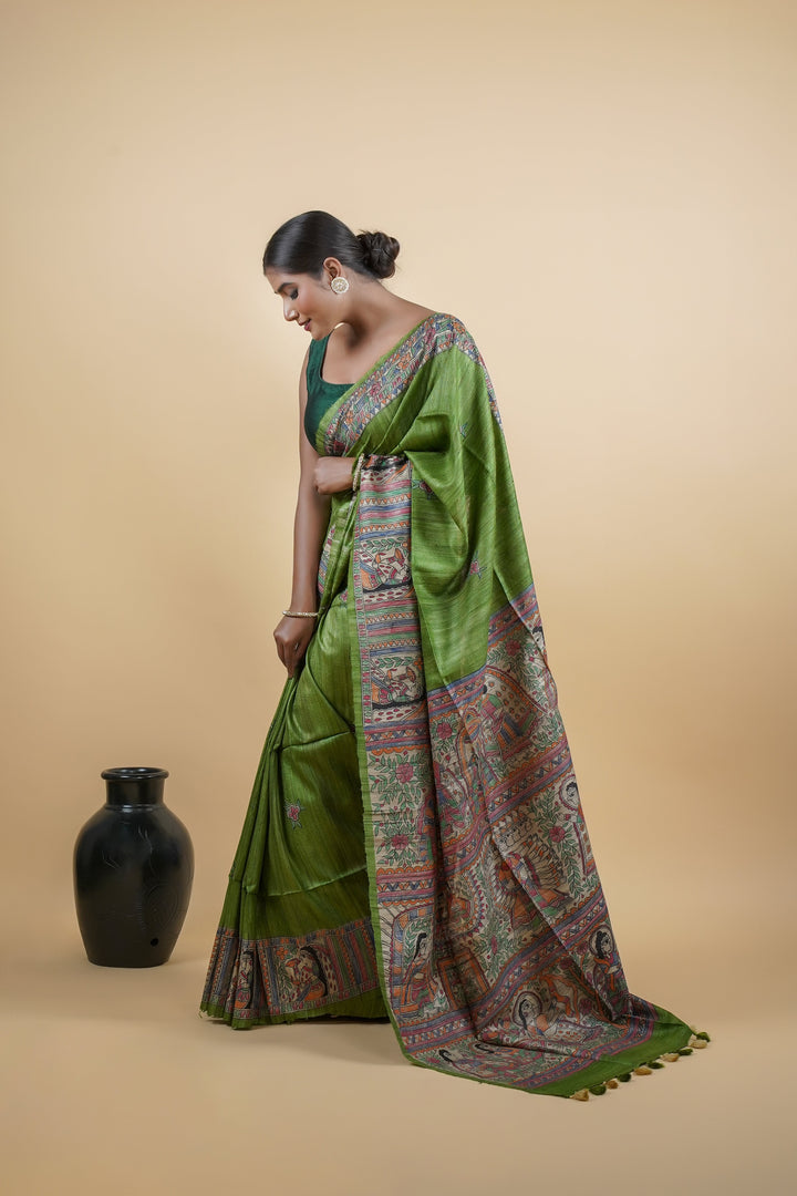 Grass Green Ghicha Silk Saree with Madhubani HandPainting | SILK MARK CERTIFIED