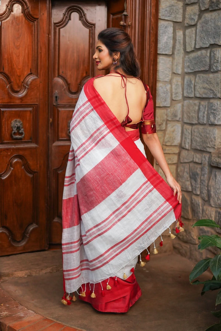 Off White and Red Linen by Linen Saree with thread Buttas