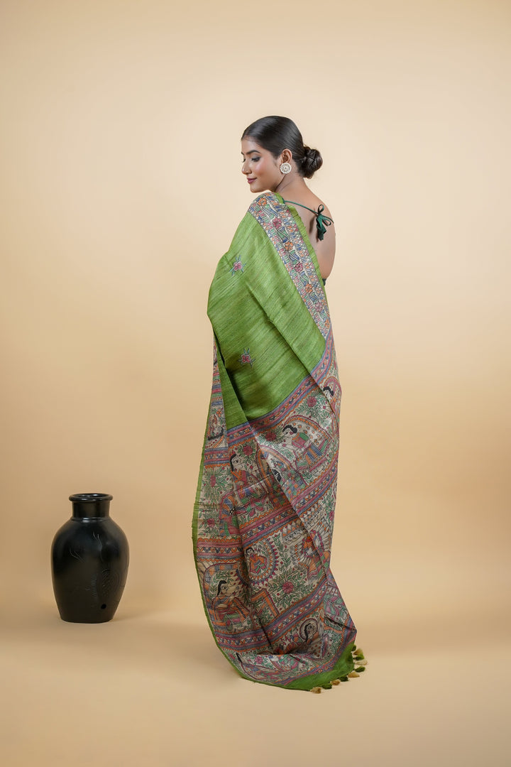 Grass Green Ghicha Silk Saree with Madhubani HandPainting | SILK MARK CERTIFIED