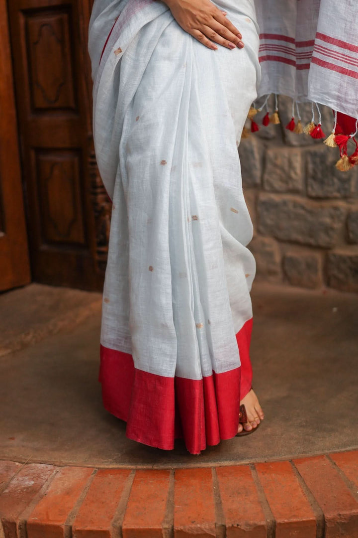 Off White and Red Linen by Linen Saree with thread Buttas