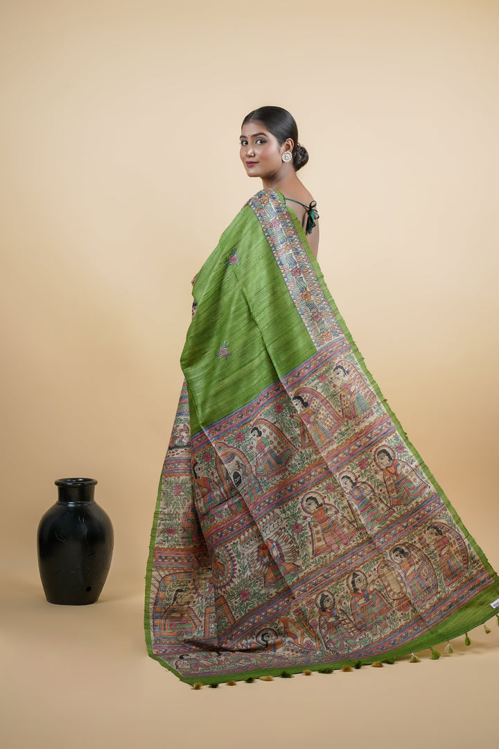 Grass Green Ghicha Silk Saree with Madhubani HandPainting | SILK MARK CERTIFIED