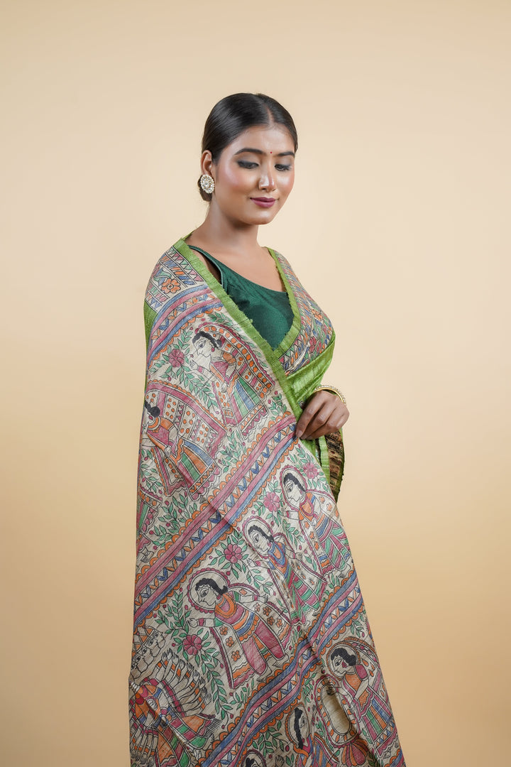 Grass Green Ghicha Silk Saree with Madhubani HandPainting | SILK MARK CERTIFIED