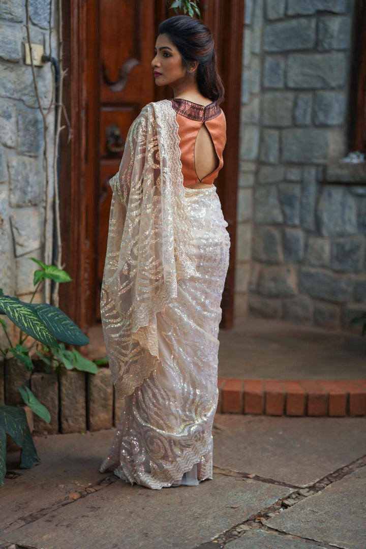 Light Champagne Color Swirl Design Sequins on Net Saree