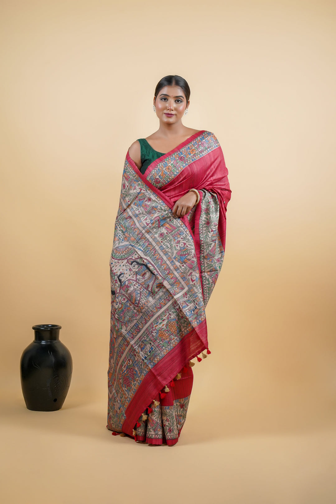 Red Madhubani Hand Painted Tussar Silk Saree with Matching Blouse | SILK MARK CERTIFIED