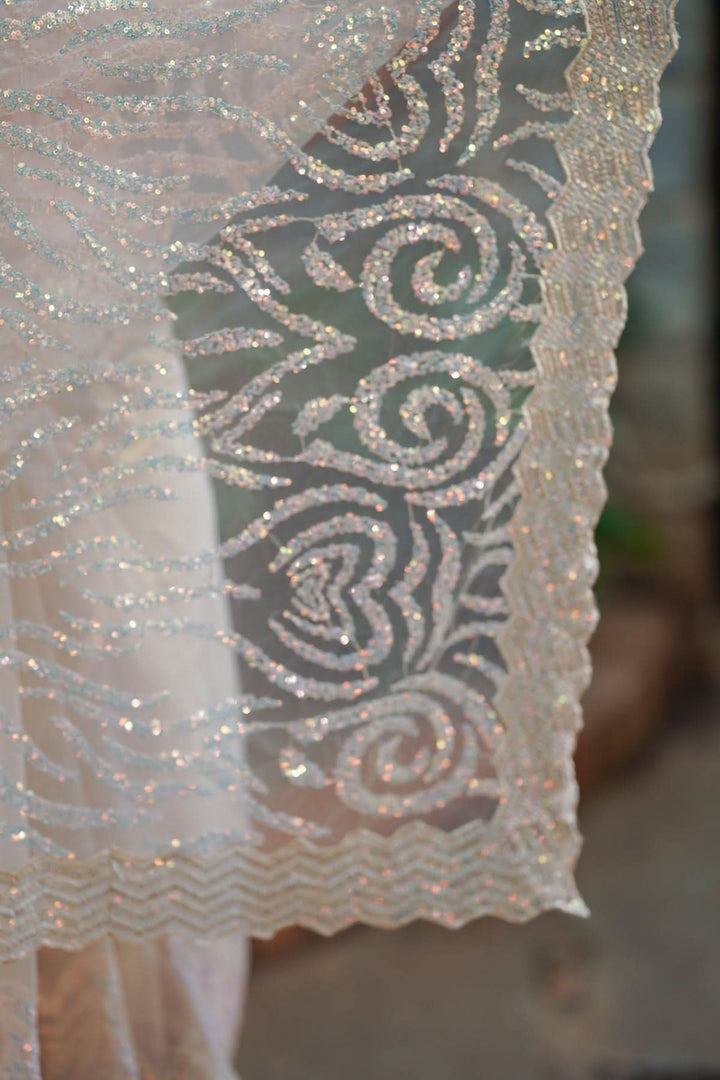 Light Champagne Color Swirl Design Sequins on Net Saree