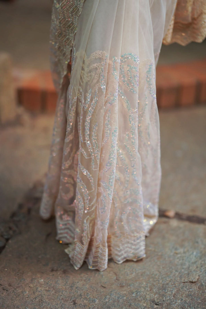 Light Champagne Color Swirl Design Sequins on Net Saree